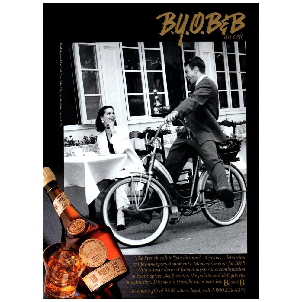 1993 B&B Licqueur Vintage Print Ad Couple Street Cafe Bicycle 90s Wall Art